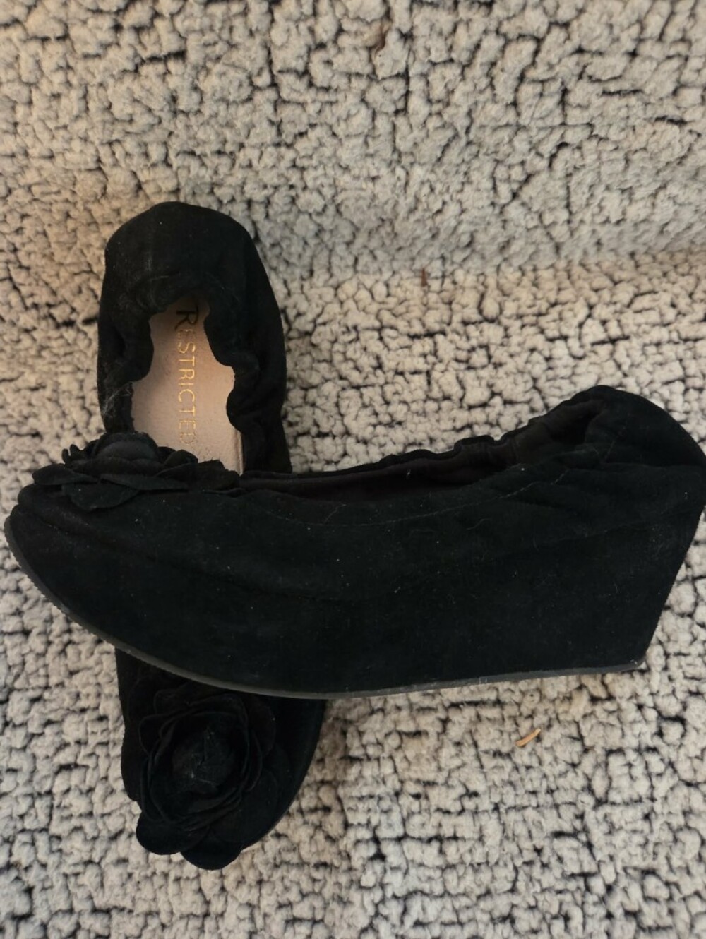 Restricted Black Suede Wedge Ballet Flats with Rosette